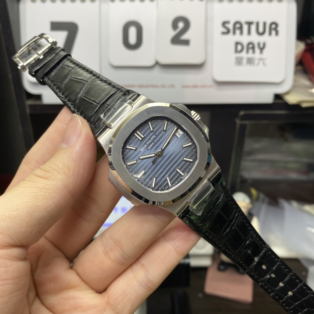 Patek Philippe Nautilus series 57111A 010, Blue Dial Silver Case and Alligator Leather Strap, 40mm Size.