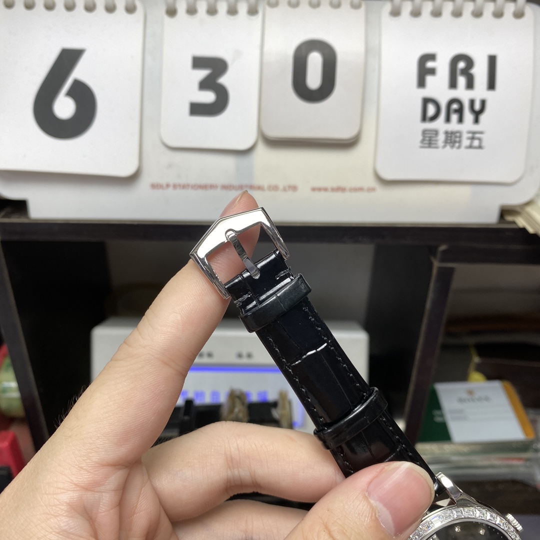 Patek Philippe Classical Watch Series 5298P-012, Black Dial and Square Diamond Bezel Italian Calfskin Leather Strap, 38mm Size.