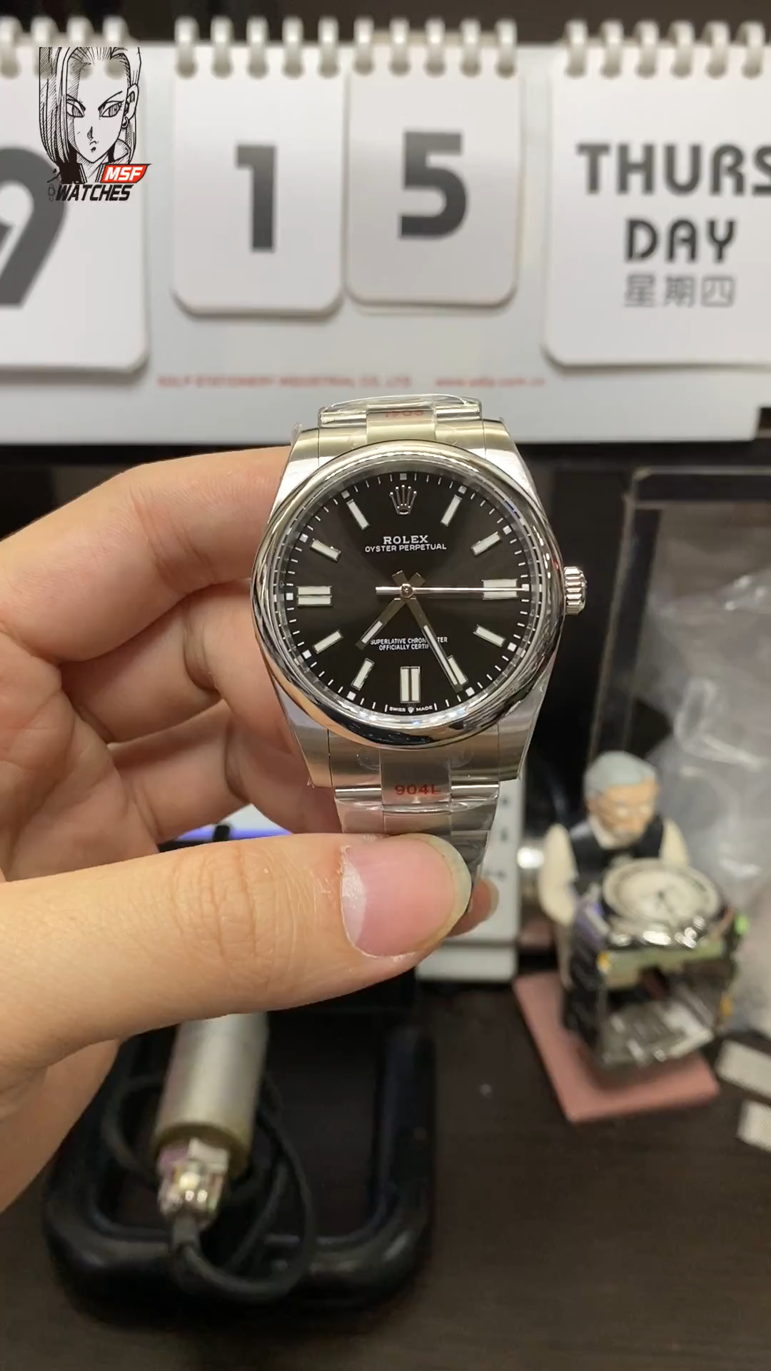 Rolex Oyster Perpetual series m124300-0002, Black Dial with Stick Indexes, 41mm size.