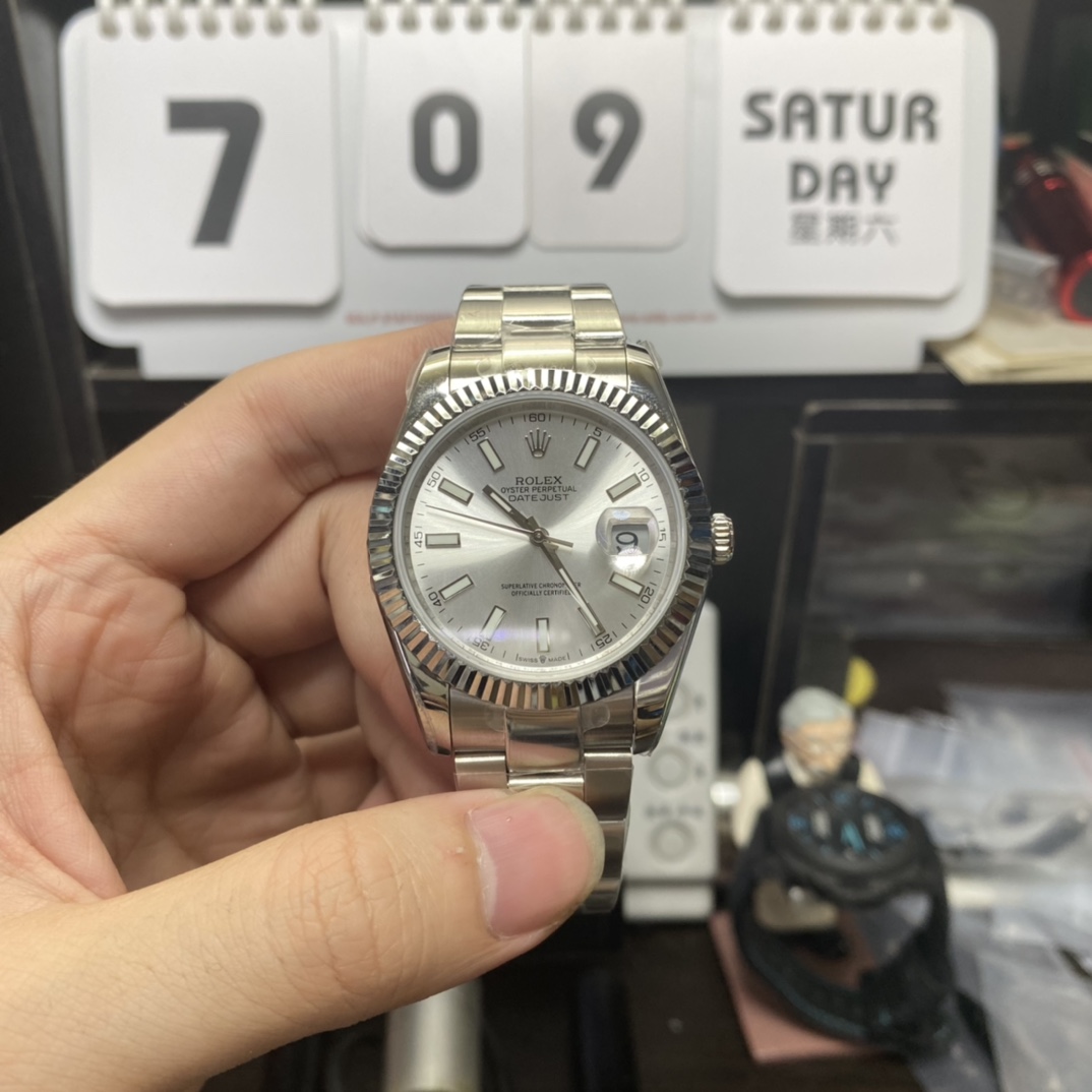 Rolex Datejust Series m126334-0003, White Case Silver Baton Hour Markers Fluted Bezel, 41mm Size.