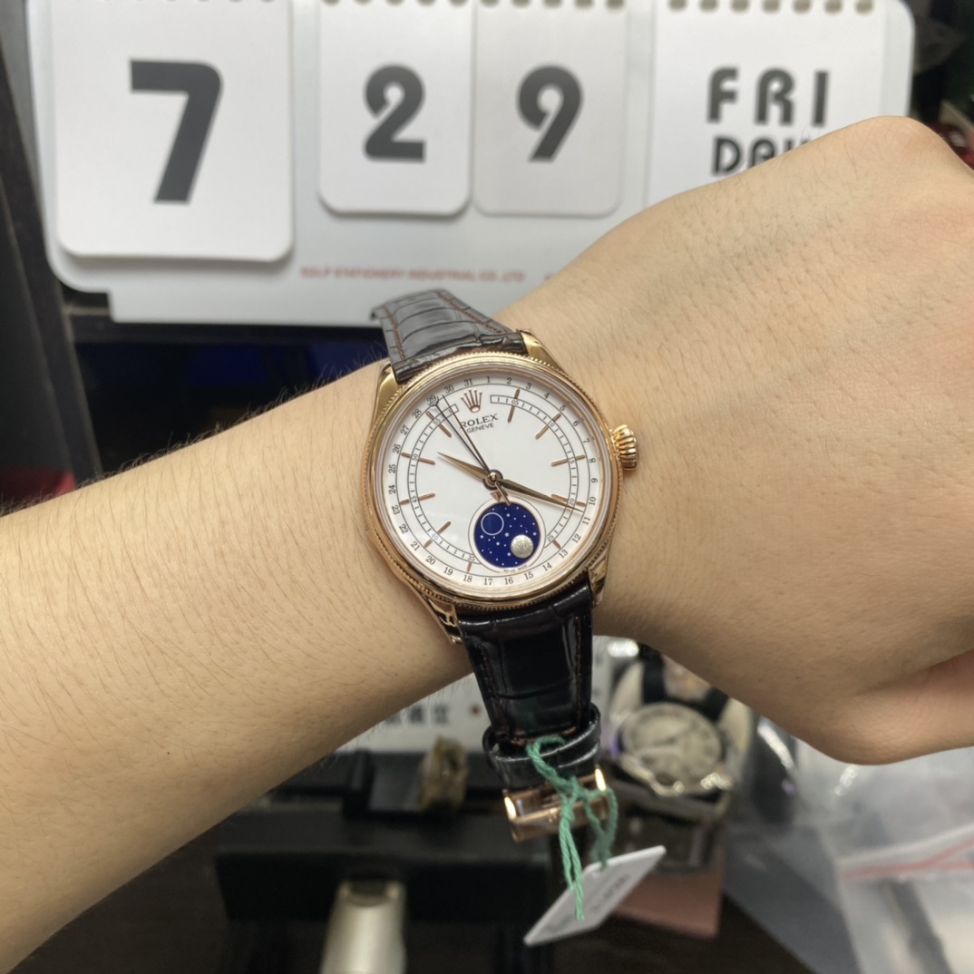 Rolex Cellini Series m50535-0002, Moonphase Watch with a White Dial Rose Gold Case Meteorite Moonphase, 39mm Size.