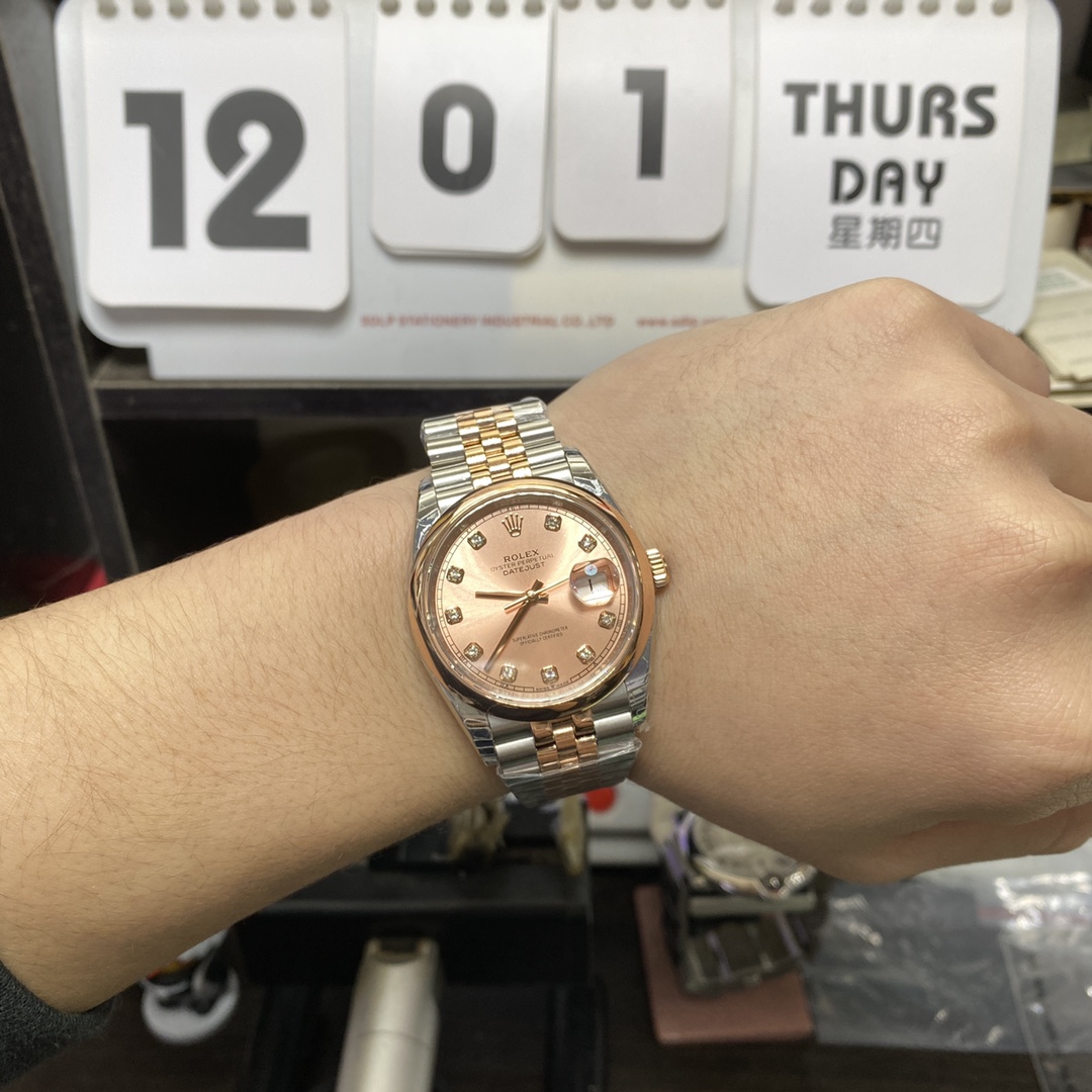 Rolex Datejust Series  Pink Dial with 18k rose gold case 36mm Size, Five-Link Steel Bracelet.
