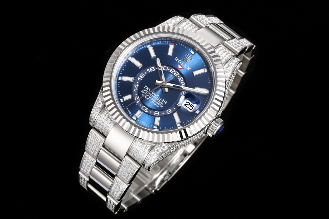 Rolex SKY-DWELLER series Black/BLUE Dial, FULL diamond case,  ,Month Date and GMT Dual Time Zone Functions, 42mm Size.