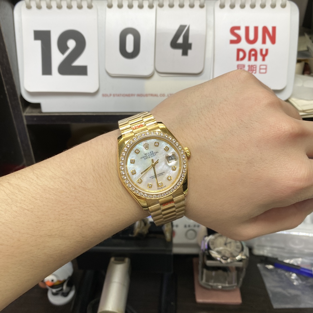 Rolex Datejust Series 116243-63603, Full Gold Diamond Bezel, 36mm Size, Three-Link Steel Bracelet.