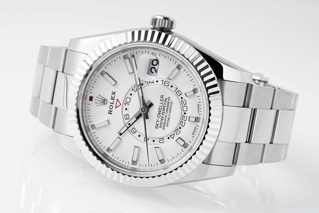 Rolex SKY-DWELLER series white Dial Steel Bracelet ,Month Date and GMT Dual Time Zone Functions, 42mm Size.