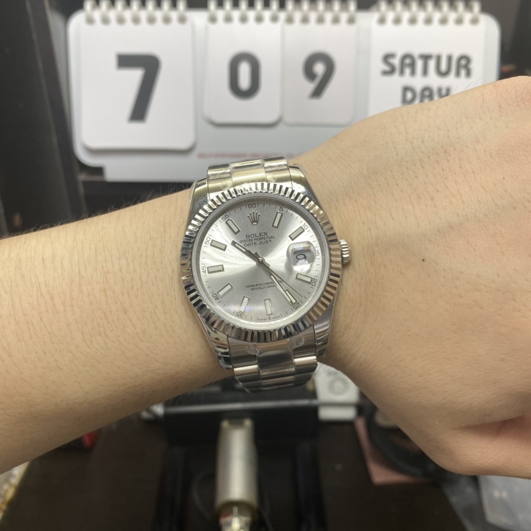 Rolex Datejust Series m126334-0003, White Case Silver Baton Hour Markers Fluted Bezel, 41mm Size.