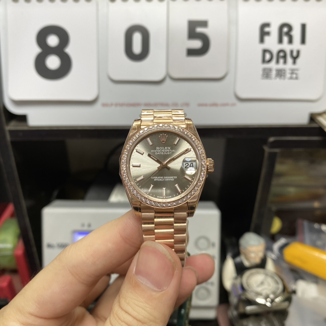 Rolex Datejust Series m279135rbr-0025, Rose Gold Case Grey Dial with Diamond Bezel, 28mm size.