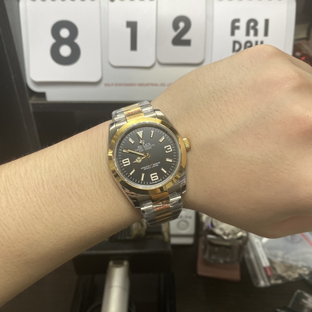 Rolex Explorer I GMT series M124273-0001, Black Dial Two-Tone, 36mm size.