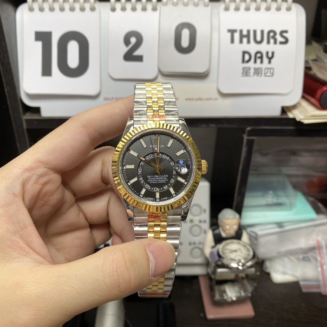 Rolex Sky-Dweller series m326933-0005, Yellow Gold Case Black Dial, synchronized Dual Time Zone Function, 42mm Size.