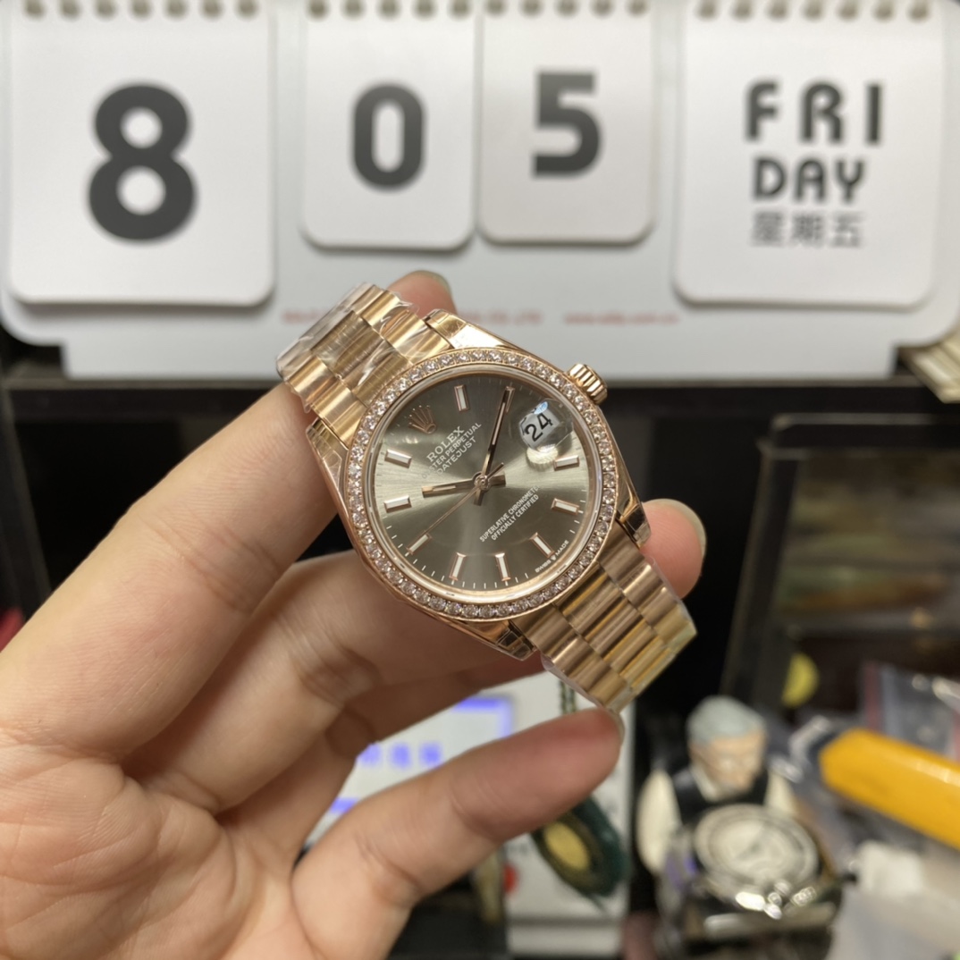 Rolex Datejust Series m279135rbr-0025, Rose Gold Case Grey Dial with Diamond Bezel, 28mm size.