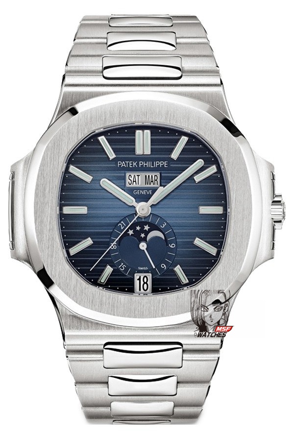 Patek Philippe Nautilus series 57261A-014, Blue Dial Steel Bracelet, Moon Phase Calendar Central Month and Week Display, 40.5mm Size.