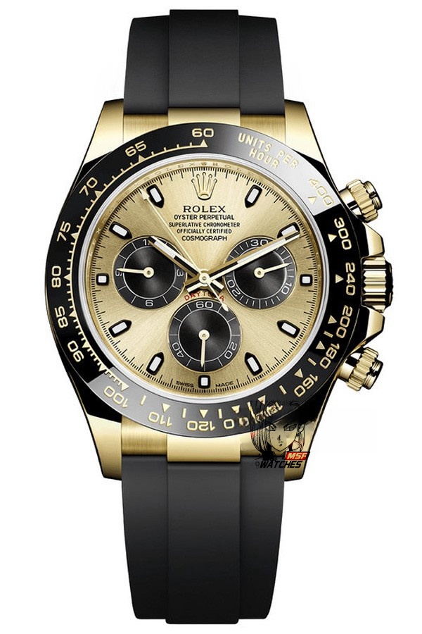 Rolex Cosmograph Daytona Series 116518LN-0040, gold case gold dial and rubber strap, 40mm size.