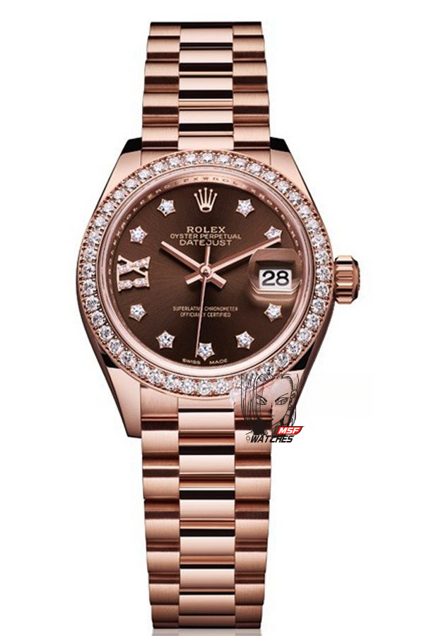 Rolex Datejust series m279135rbr-0001, Coffee Dial with Diamond Bezel and Full Rose Gold Case, 28mm size.