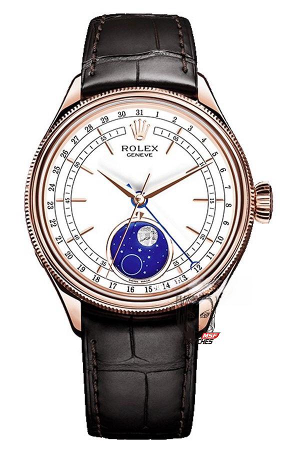 Rolex Cellini Series m50535-0002, Moonphase Watch with a White Dial Rose Gold Case Meteorite Moonphase, 39mm Size.
