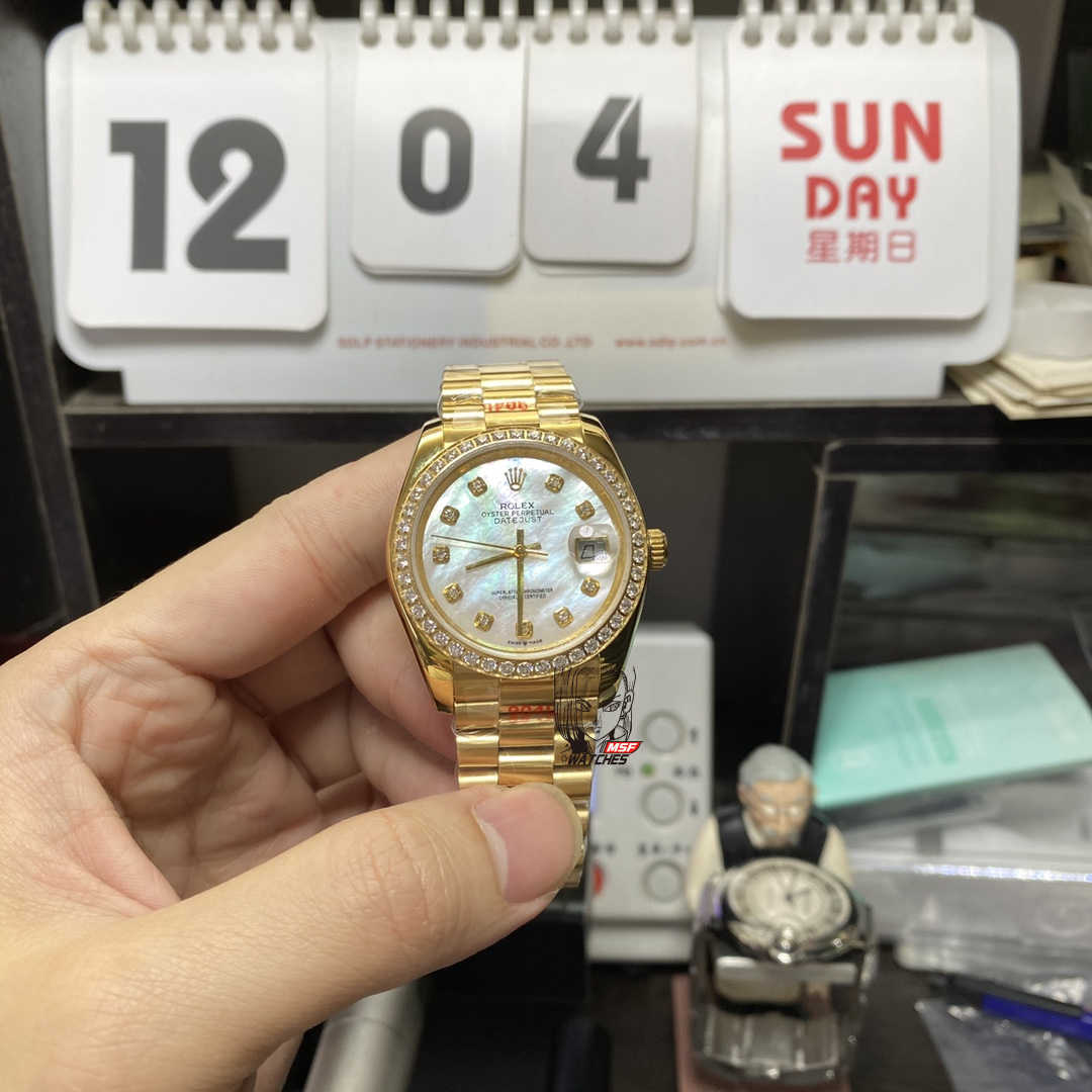 Rolex Datejust Series 116243-63603, Full Gold Diamond Bezel, 36mm Size, Three-Link Steel Bracelet.