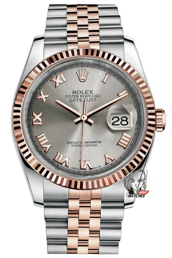 Rolex Datejust Series 116231-0087, Rose Gold Case with Grey Dial Five-link Bracelet, 36mm Size.