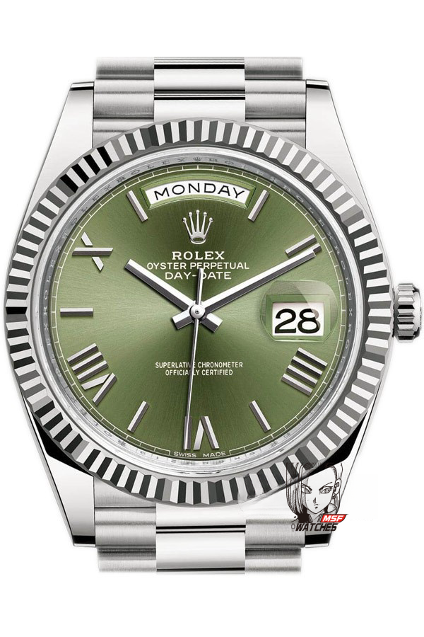 Rolex Day-Date series m228239-0033, Silver Case Olive Green Dial with Roman Numeral Markers, Instantaneous Day and Date Functions, 40mm Size.