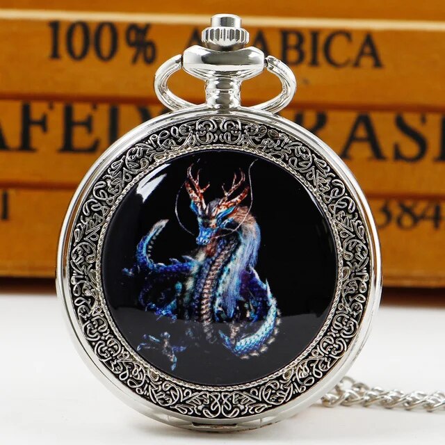 Retro Chinese Style Double Dragons Playing with Beads Quartz Pocket Watch With Chain Necklace Pendant Fob Watches