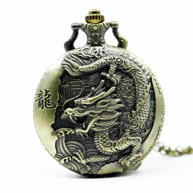 Vintage Bronze Chinese Style Dragon Design Quartz Pocket Watch With Necklace Chain Best Gift CF1039