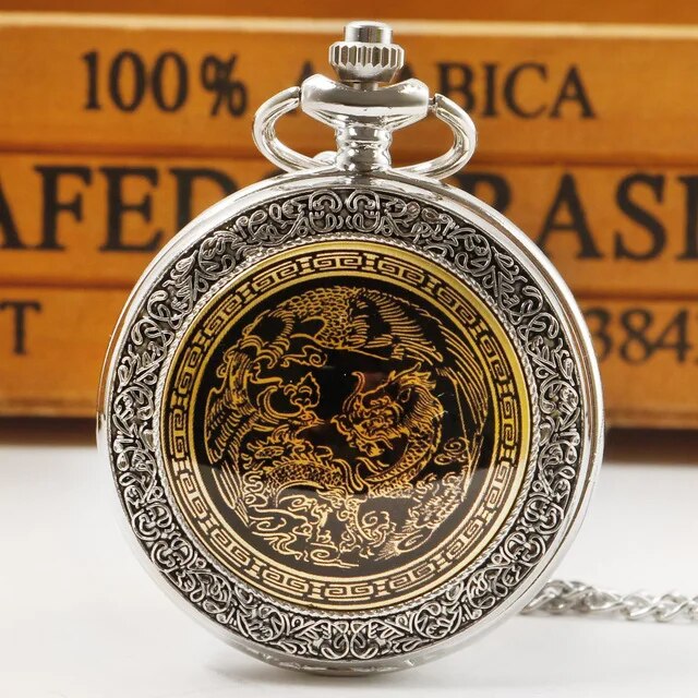 Retro Chinese Style Double Dragons Playing with Beads Quartz Pocket Watch With Chain Necklace Pendant Fob Watches