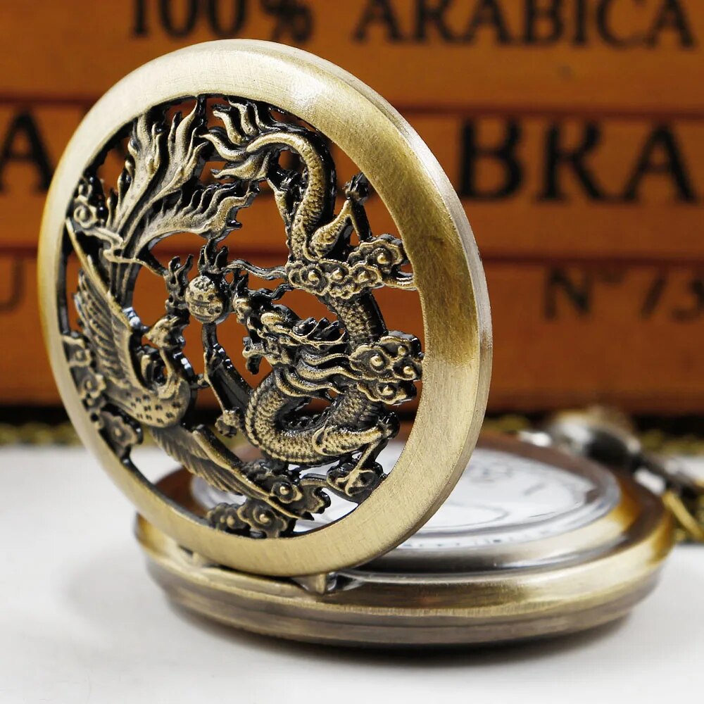Retro Chinese Style Double Dragons Playing with Beads Quartz Pocket Watch With Chain Necklace Pendant Fob Watches