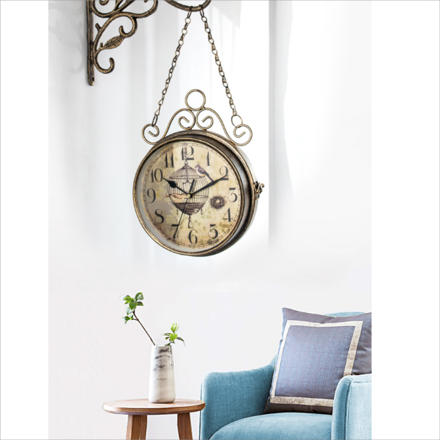 Double Sided Wall Clock Iron Art Clock Living Room Retro Clock Metal Round Battery Powered Silent Clock, Photo Props