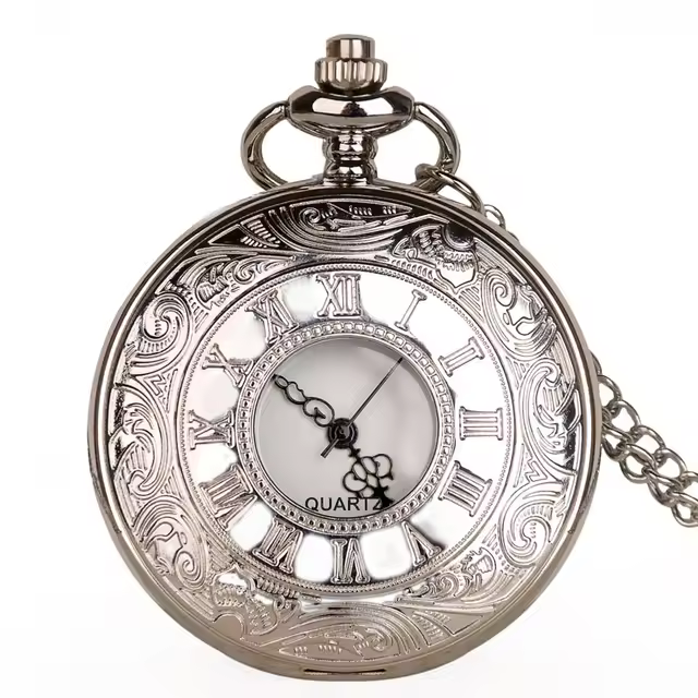 Fashion Silver Hollow Dial Steampunk Quartz Pocket Watch Stainless Steel Pendant Chain Gift for Men Women Friend