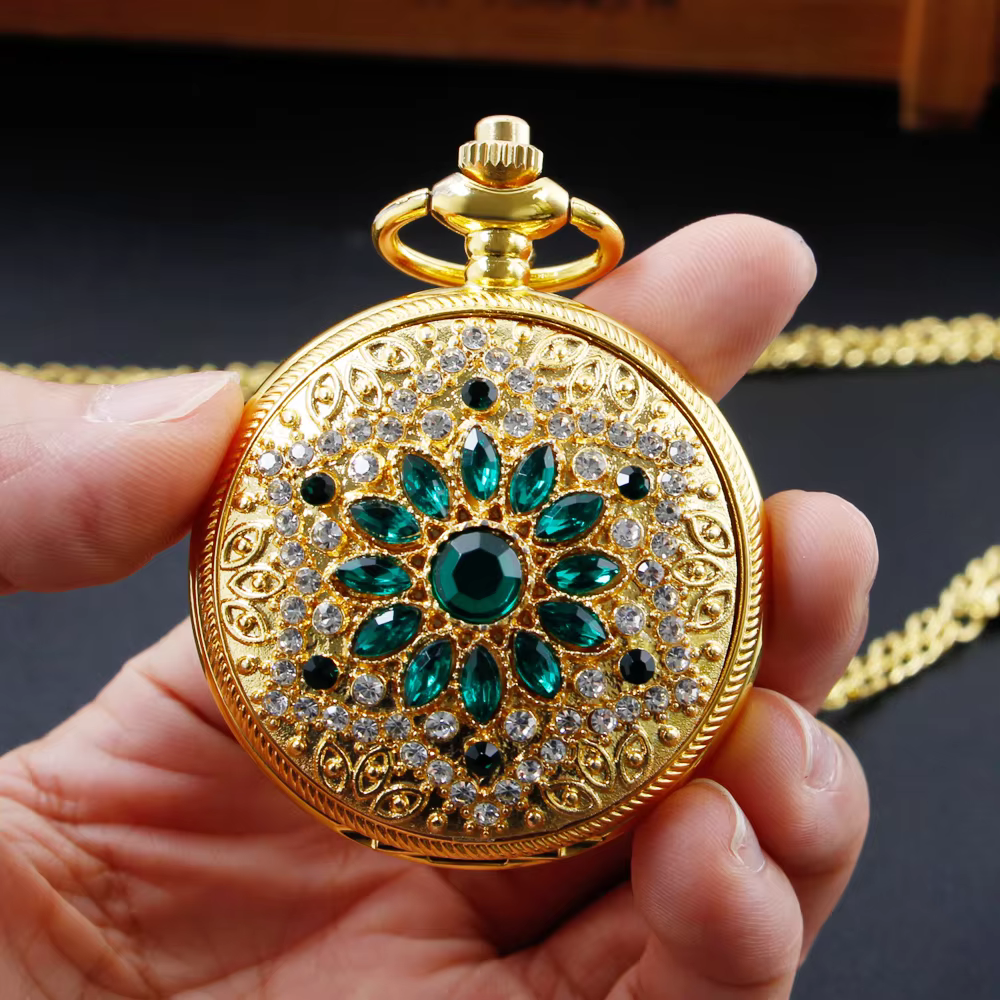 Gold Diamond Fashion Quartz Pocket Watch Retro Women's Jewelry Chain Necklace Birthday Timepiece Anniversary Gift