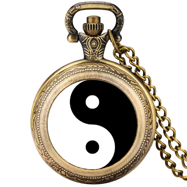 Black and White Tai Chi Snap Button Quartz Pocket Watch Yin Yang Jewelry Steampunk Medium Size Necklace Chain Collectibles Gifts